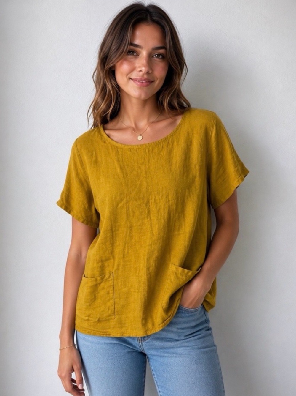 Francesca Bettini Italy Mustard Yellow Short Sleeve Linen Pocket Top
